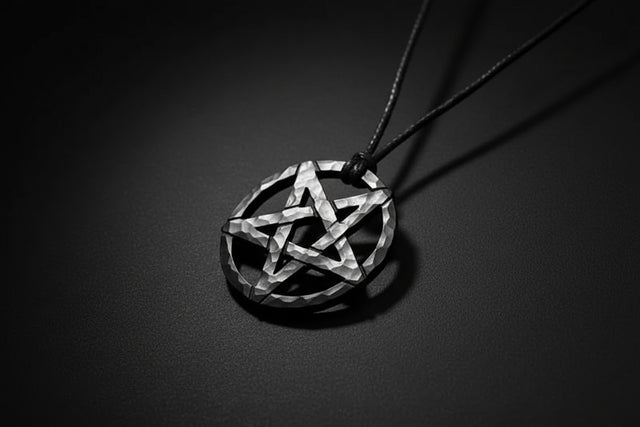Pentagram pendant on a cord against a wooden background
