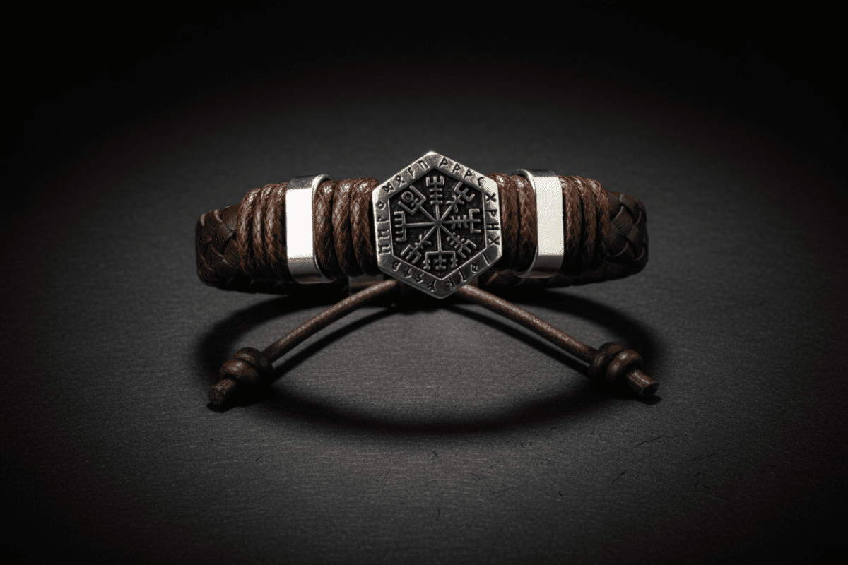 Hand-woven leather bracelet with Vegvisir charm