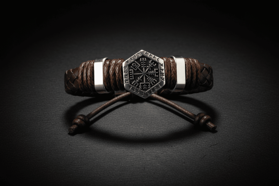 Hand-Woven Leather Bracelet with Vegvísir Charm