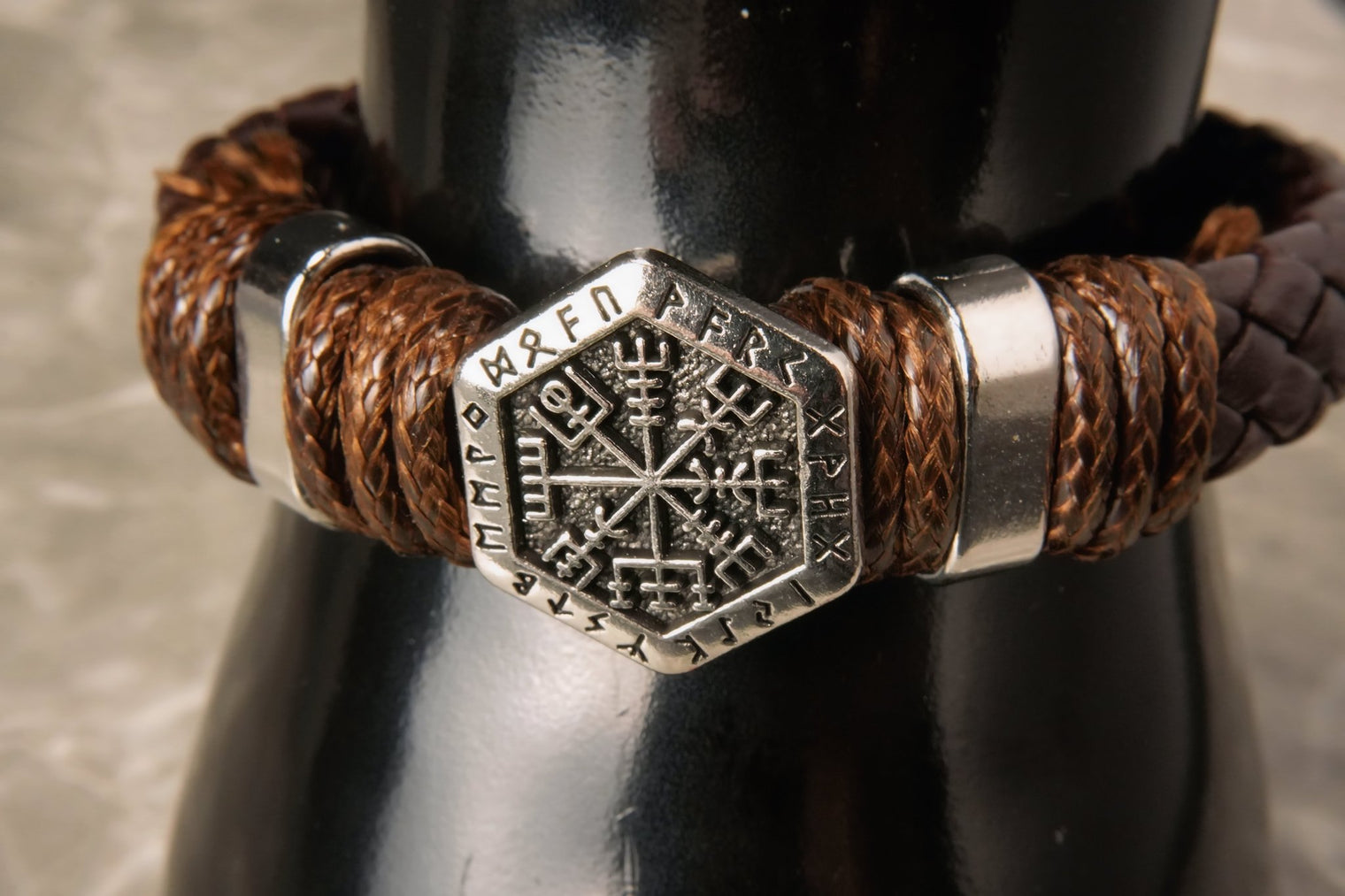 Hand-Woven Leather Bracelet with Vegvísir Charm