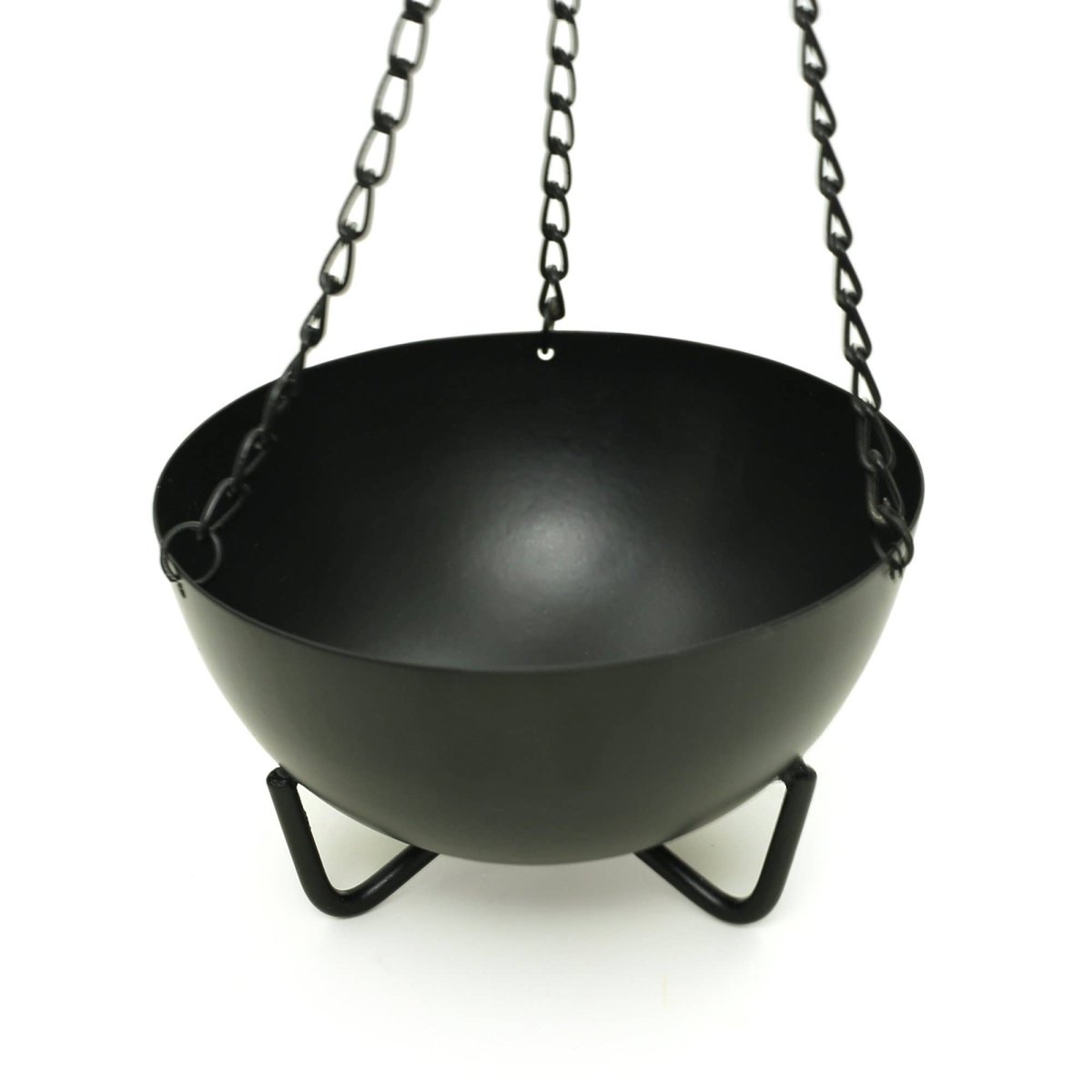 Large hanging cauldron burner shown with chain