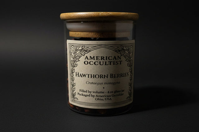 Whole dried hawthorn fruits (Crataegus spp.) in a labeled glass ritual herb jar