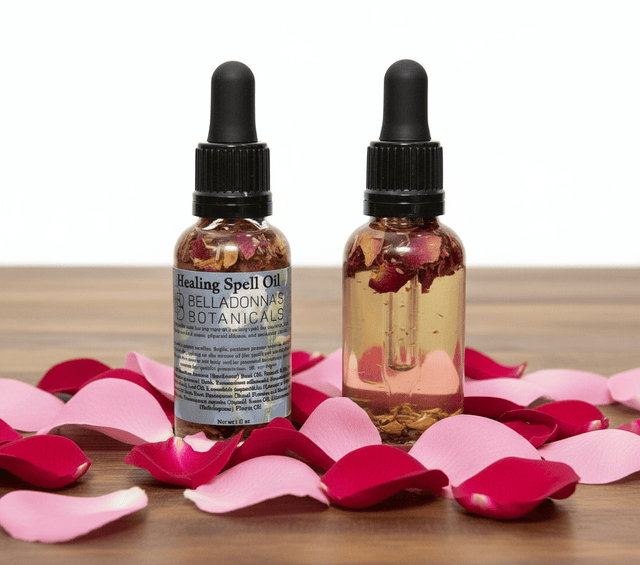Two bottles of 'Healing Spell Oil' by Belladonna Botanicals on a wooden surface with pink and red rose petals.