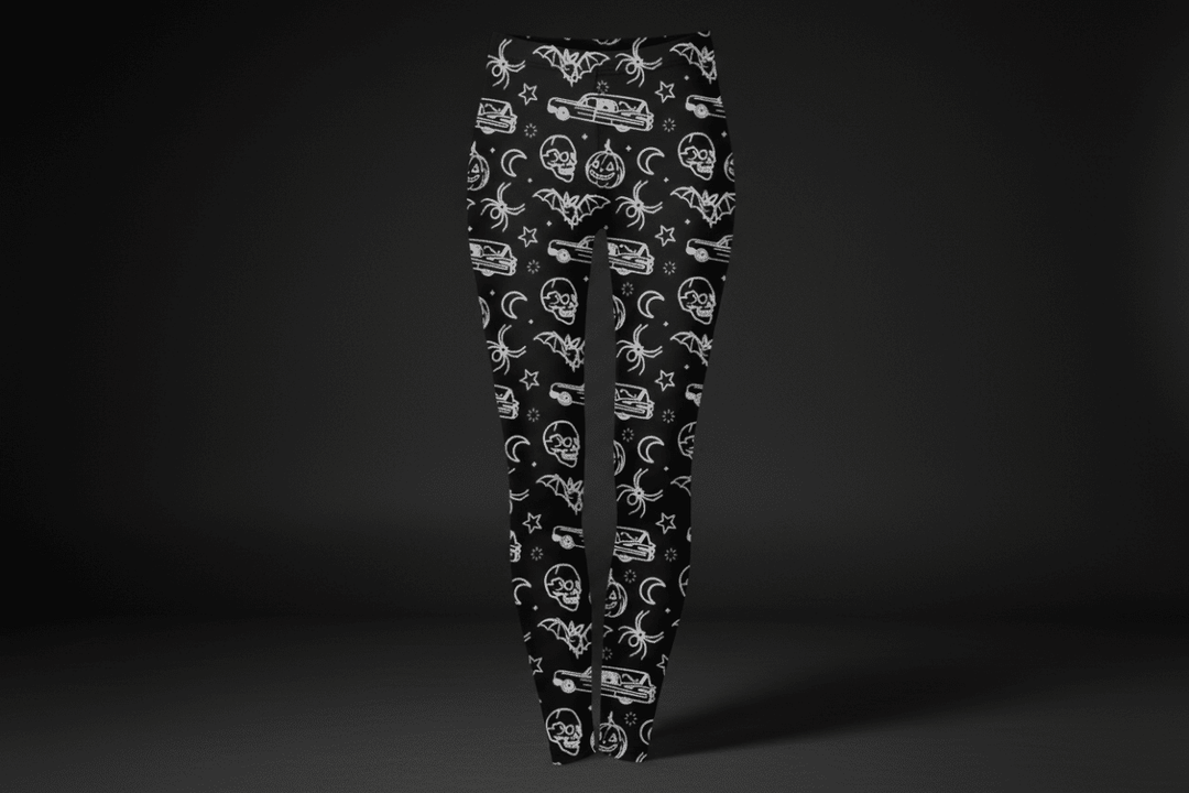 Hearse Time leggings with gothic funeral-themed print