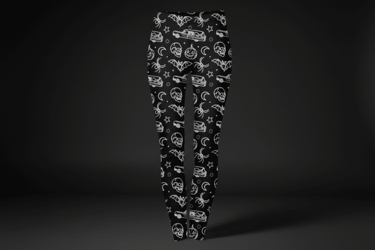 Hearse Time leggings with gothic funeral-themed print