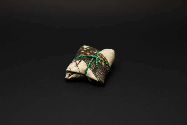 Hecate-inspired shell talisman wrapped with green thread on a white background