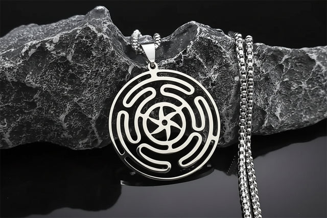 Hecate's Wheel pendant necklace with circular occult symbol