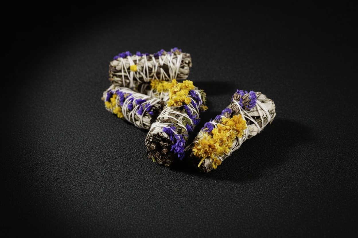 Smoke cleansing wand on a black cloth.