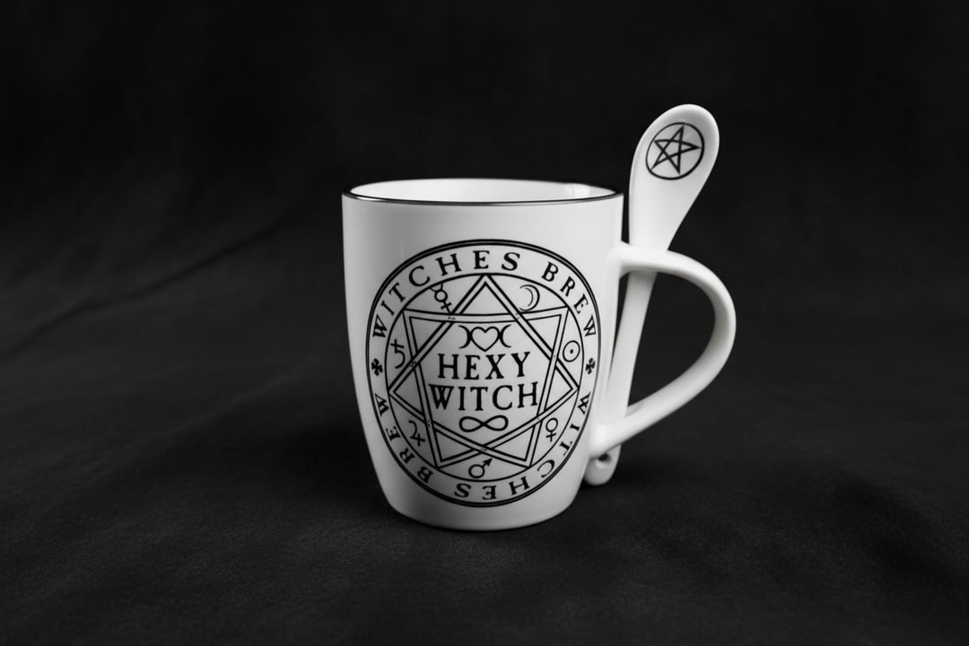 White ceramic Hexy Witch mug set with occult symbols