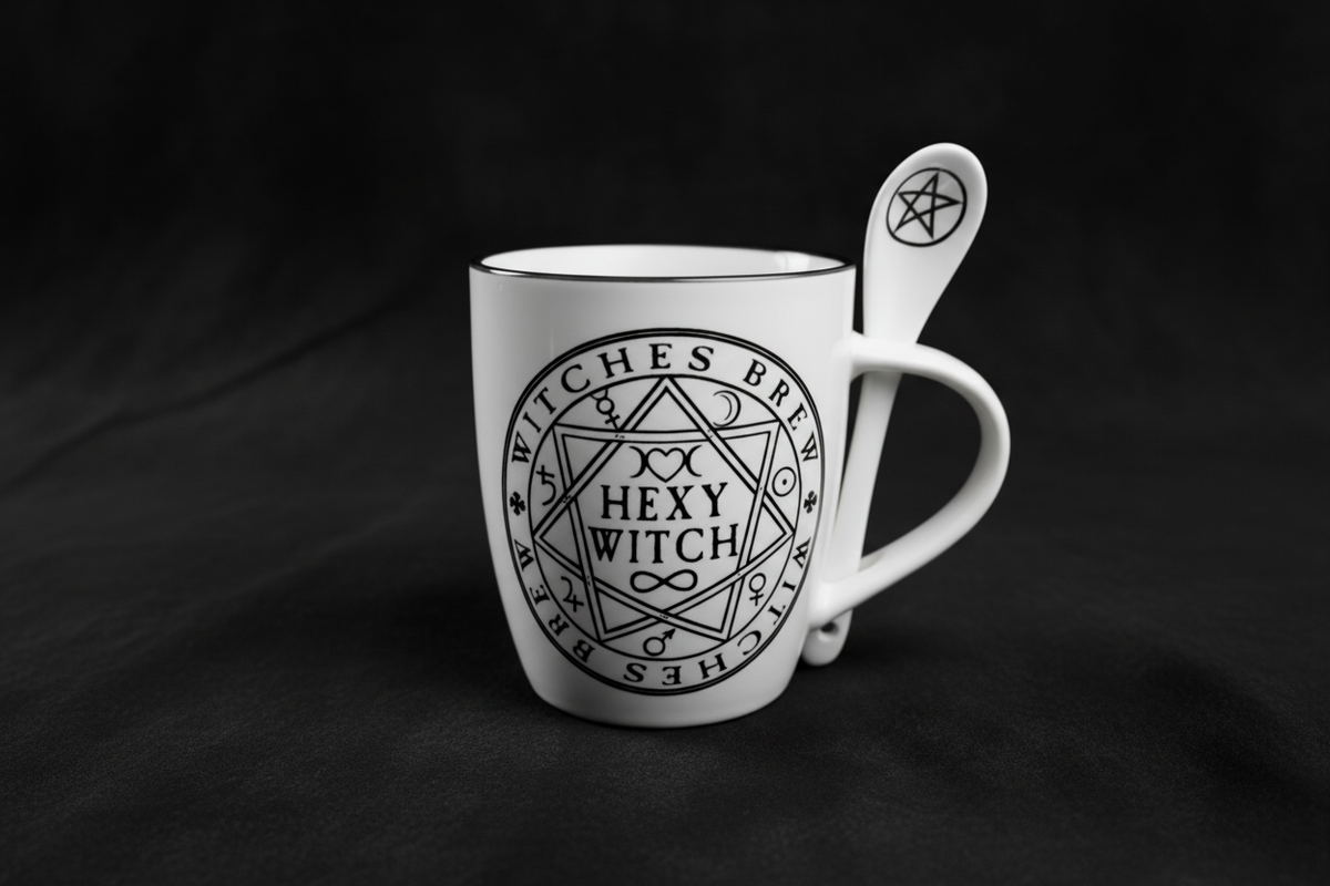 White ceramic Hexy Witch mug set with occult symbols