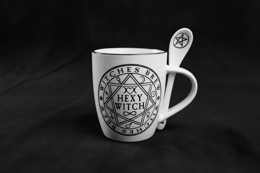 White ceramic Hexy Witch mug set with occult symbols