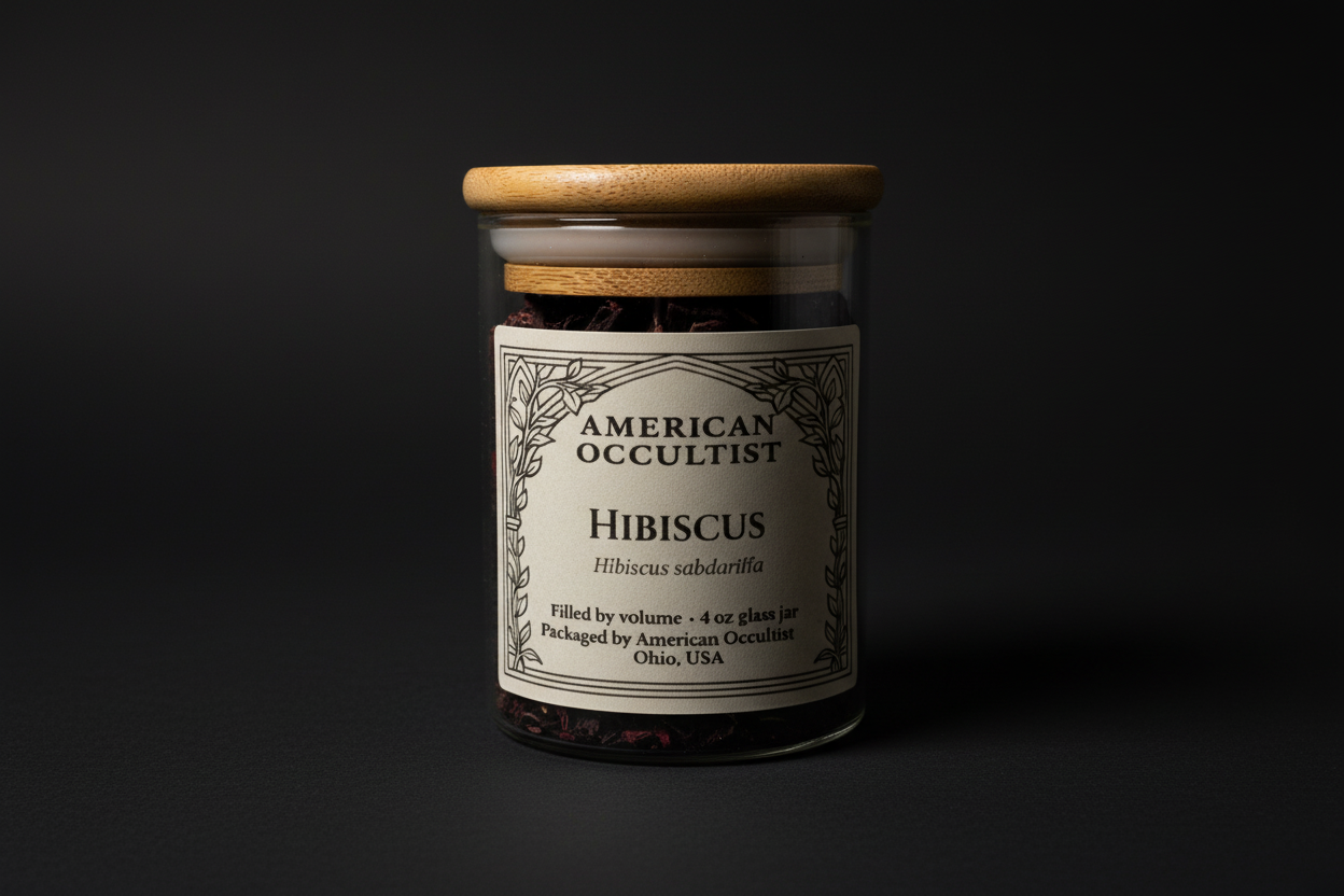 Organic cut hibiscus flowers (Hibiscus sabdariffa) in a labeled glass ritual herb jar