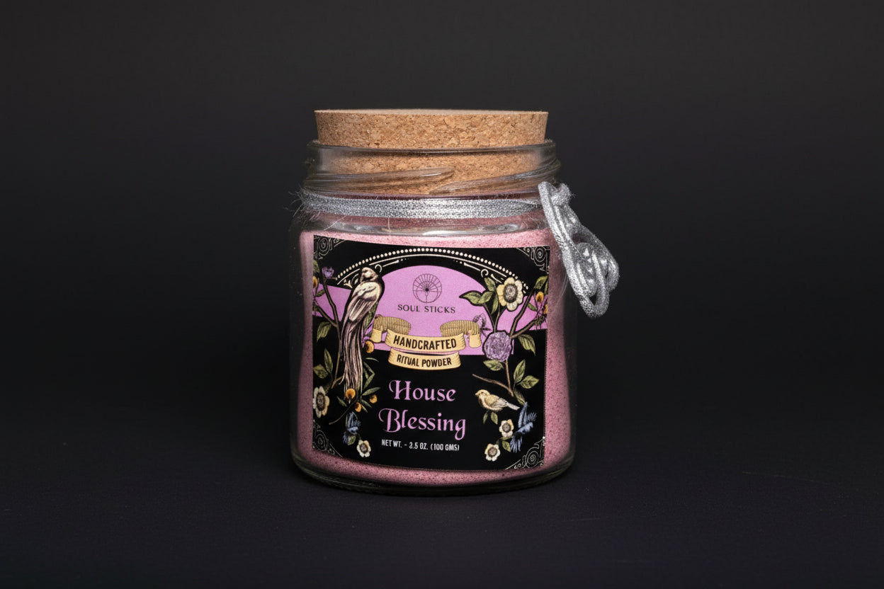 Glass jar with cork lid labeled 'House Blessing' from 'Soul Sticks' on a white background