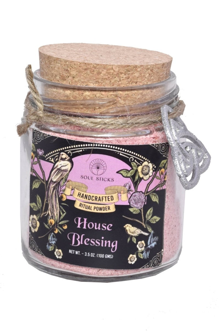 Glass jar with cork lid labeled 'House Blessing' from 'Soul Sticks' on a white background