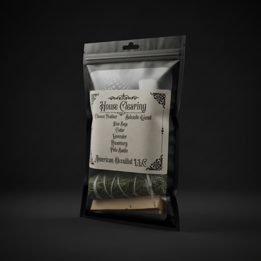 Pouch with herbs and a label on a black background