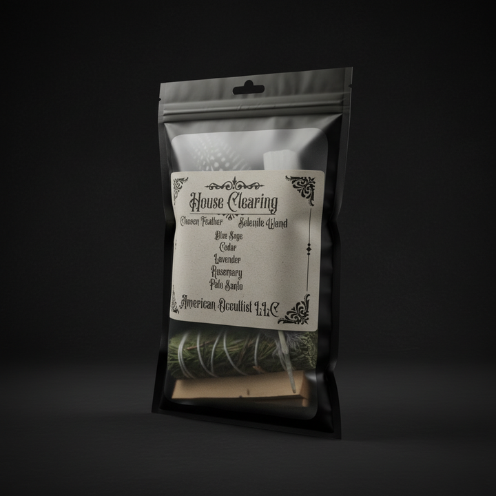 Pouch with herbs and a label on a black background