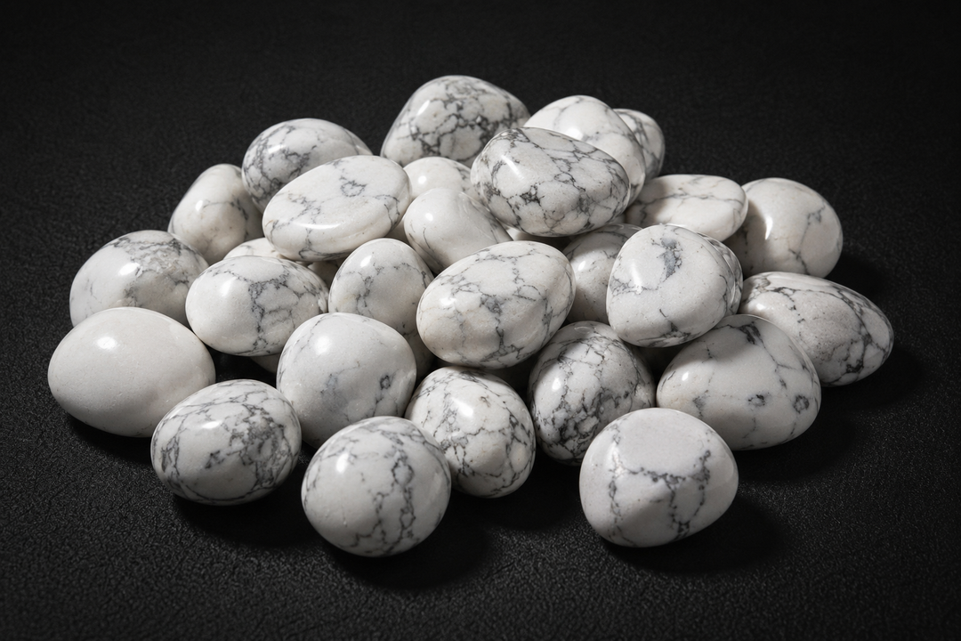 Pile of polished white Howlite tumbled stones with branching gray veining on black