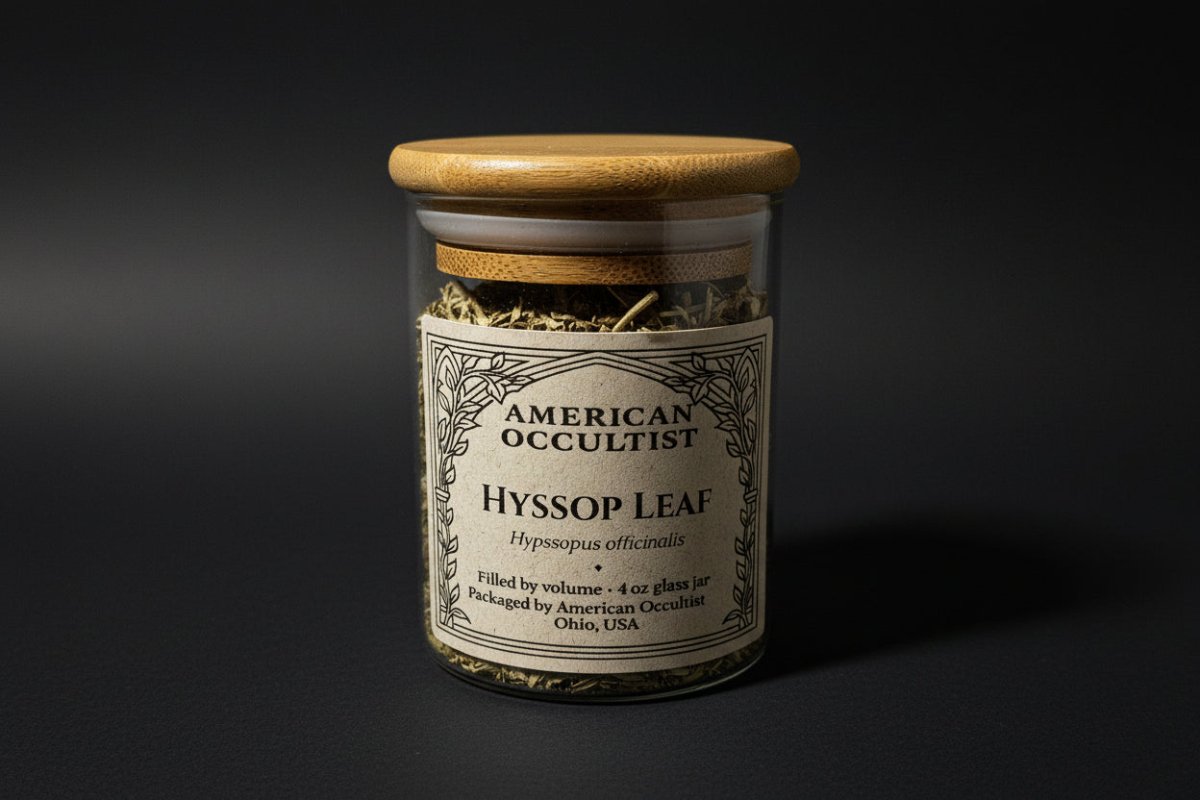 Dried Hyssop Leaf (Hyssopus officinalis) in a labeled glass ritual herb jar