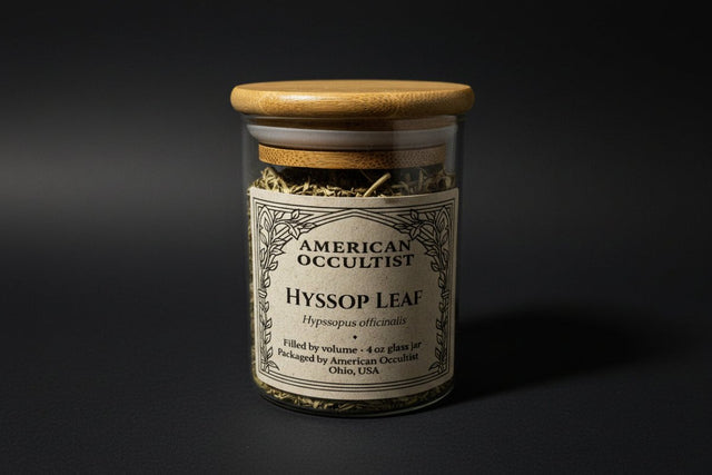 Dried Hyssop Leaf (Hyssopus officinalis) in a labeled glass ritual herb jar