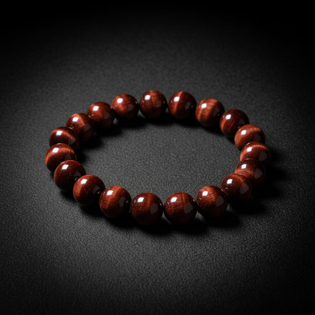 Red Tiger's Eye beaded stretch bracelet with reflective banding