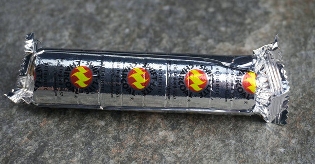 A pack of charcoal discs wrapped in tin foil with a design of a flame on the packaging.