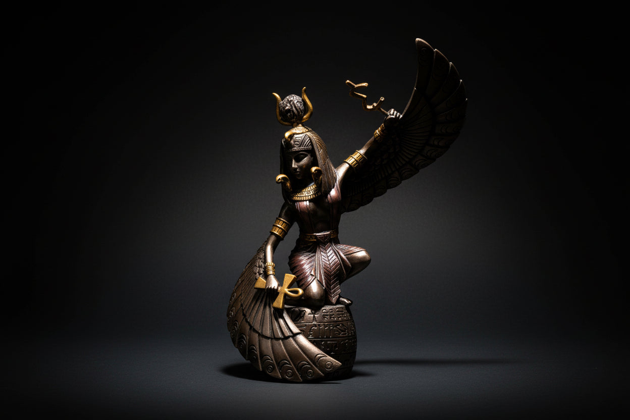 Statue of a winged Egyptian goddess on a white background