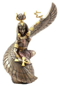 Statue of a winged goddess with detailed attire and symbols on a white background