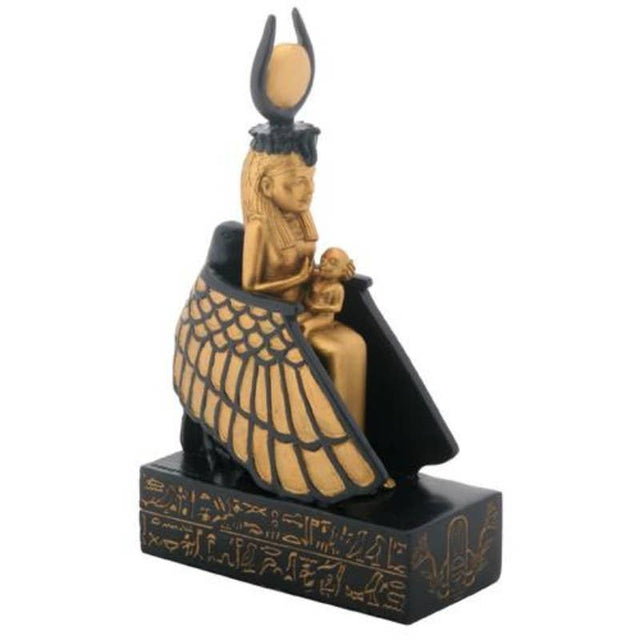 Statue of a winged figure with a headdress on a white background