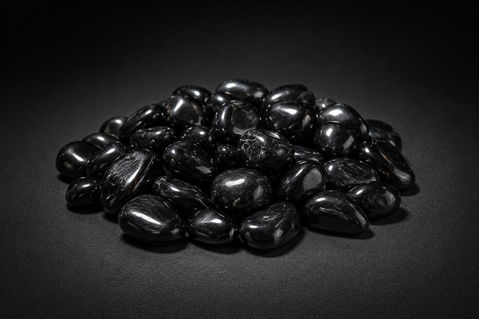 Pile of polished black stones sold as Jet with soft glossy highlights on a matte black surface