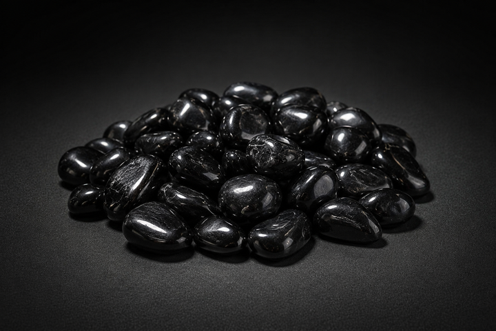 Pile of polished black stones sold as Jet with soft glossy highlights on a matte black surface