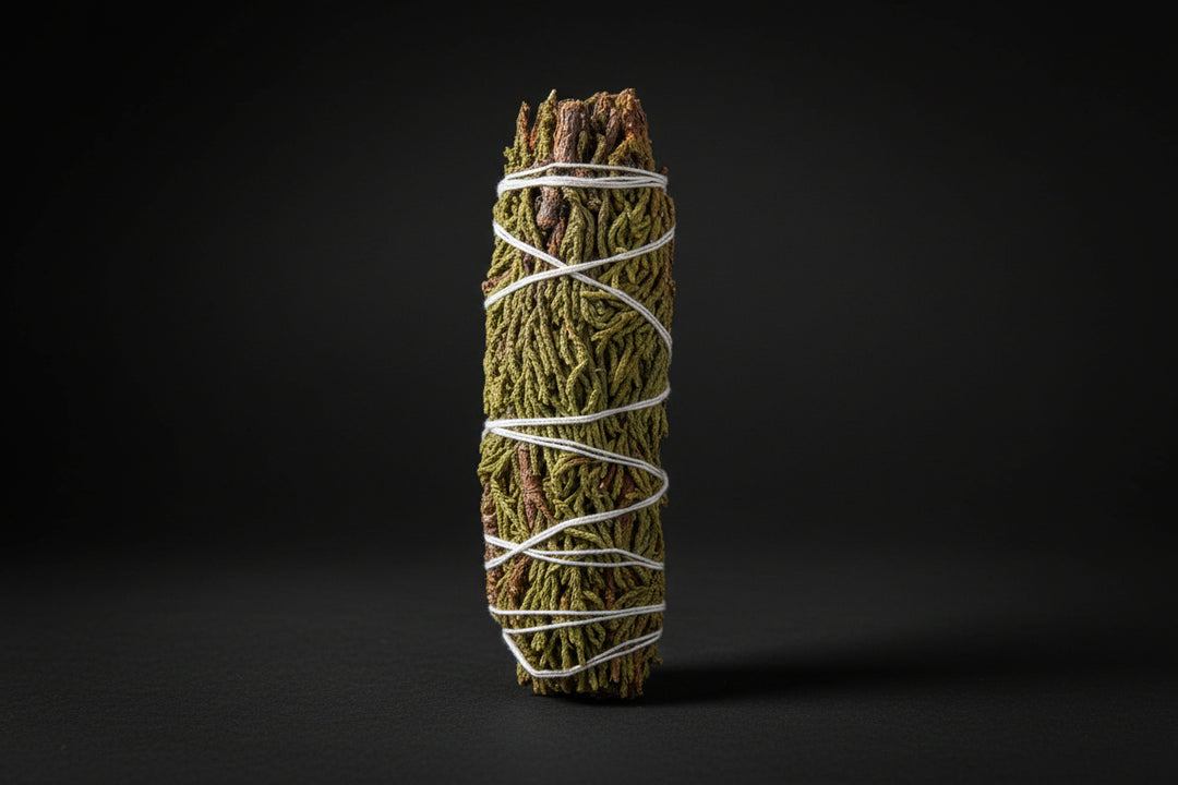 Bundled juniper smoke-cleansing wands tied with twine on a white background