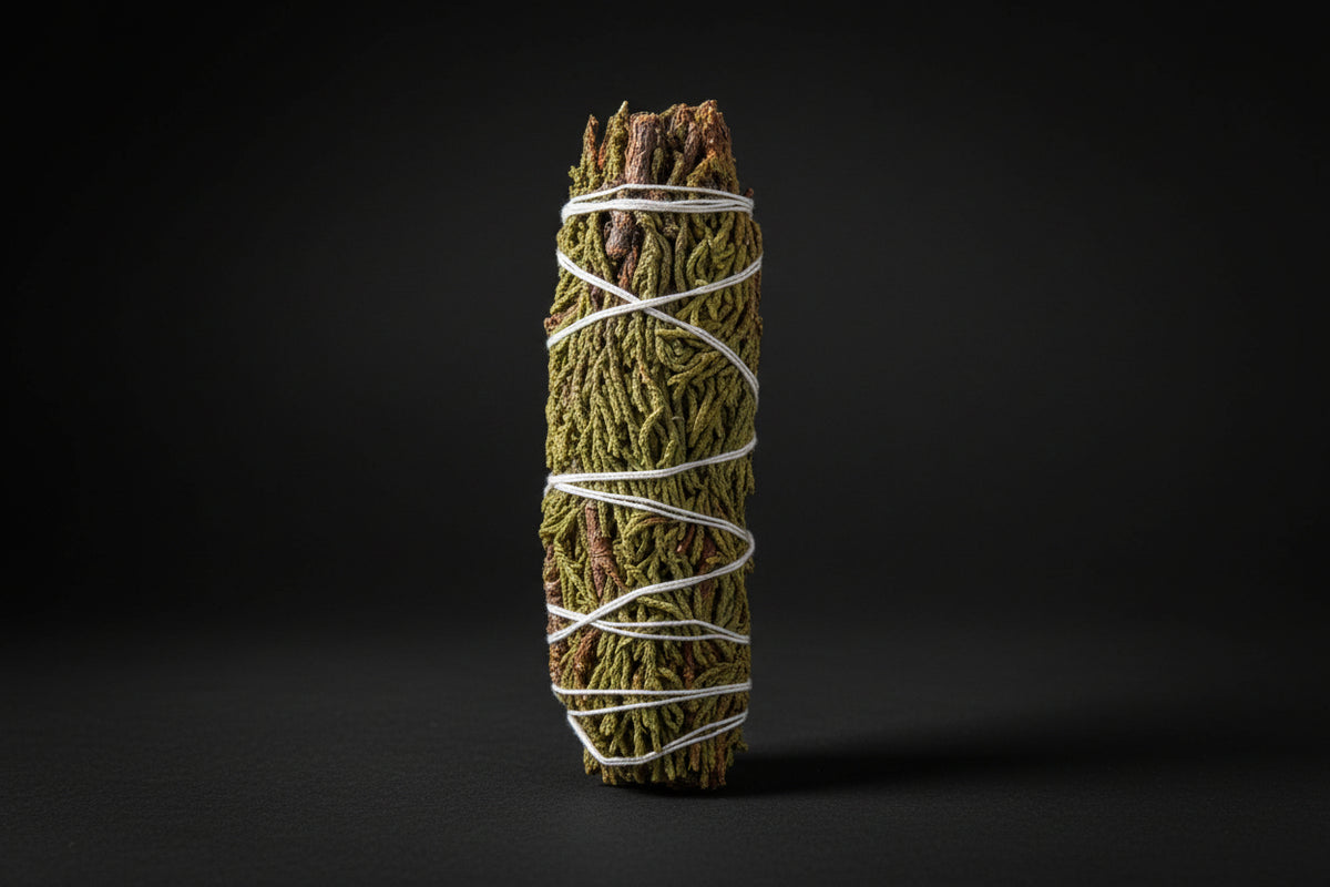 Bundled juniper smoke-cleansing wands tied with twine on a white background