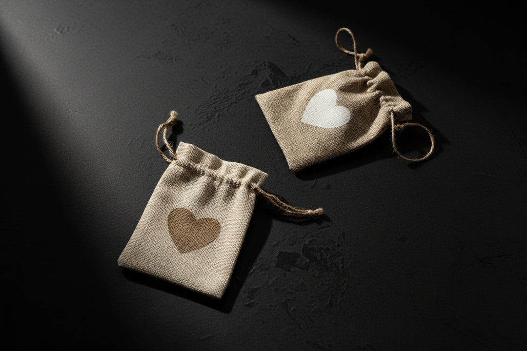 Natural jute drawstring pouch with heart decoration
