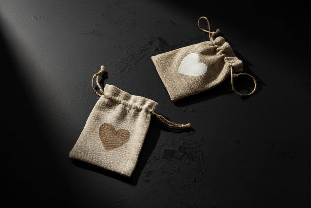 Natural jute drawstring pouch with heart decoration