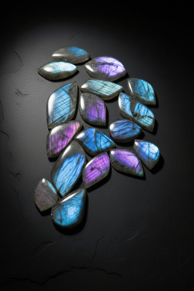 Assortment of polished Labradorite cabochons with varied iridescent flash