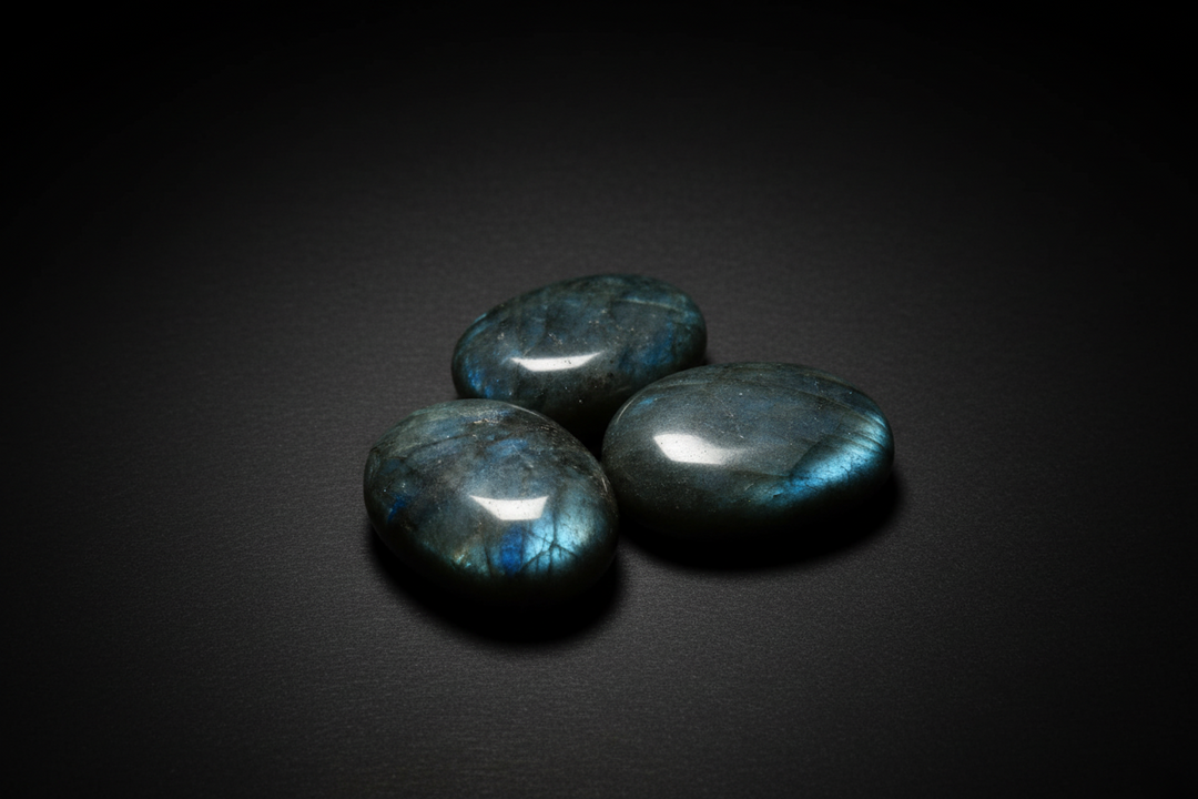 Polished Labradorite palm stones with gray body color and iridescent flash