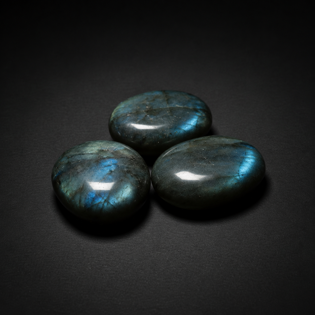 Three polished dark gray labradorite palm stones showing blue-green flash on a matte black surface