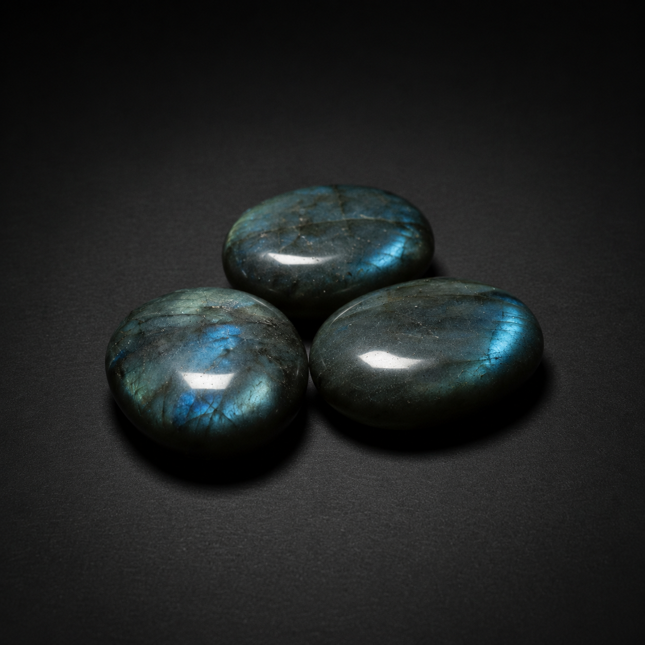 Three polished dark gray labradorite palm stones showing blue-green flash on a matte black surface