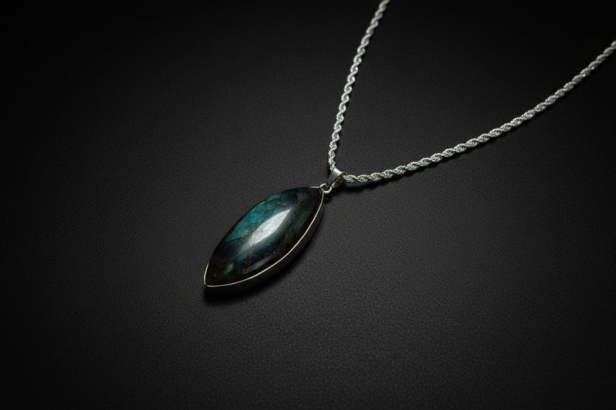 Representative Labradorite pendant necklace with supplier-listed 22-inch .925 sterling silver rope chain; stone shape and flash vary