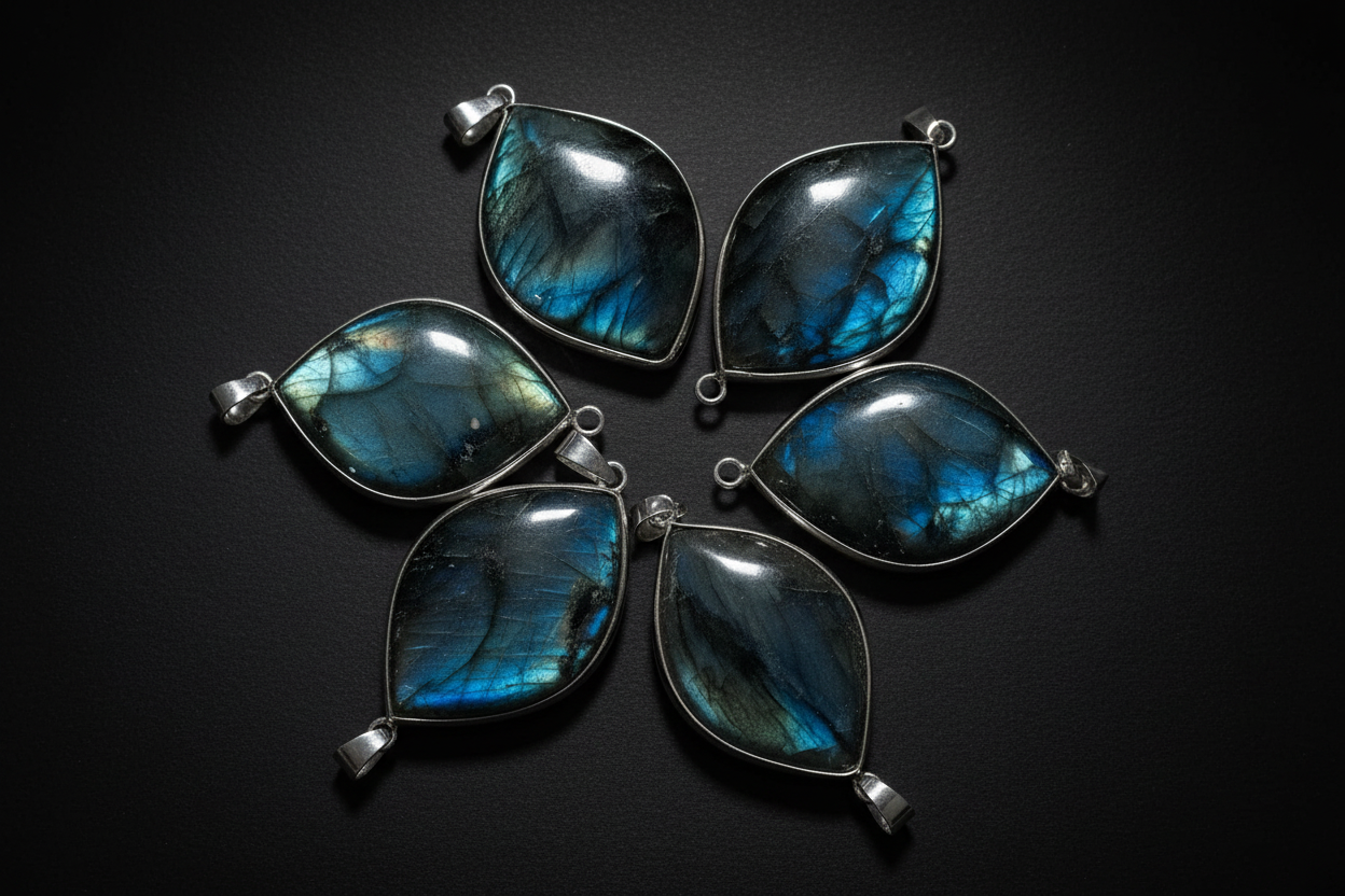 Representative Labradorite pendant assortment showing angle-dependent flash; pendant shape, color, and brightness vary
