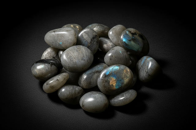 Polished gray Labradorite tumbled stone with iridescent flash