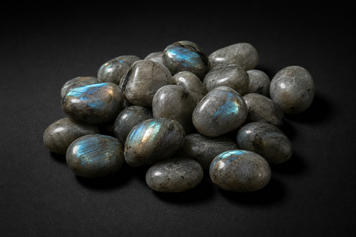 Pile of polished gray Labradorite tumbled stones with blue-green and gold flash on black