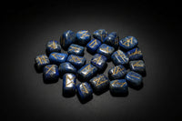 Lapis Lazuli rune set with 25 engraved stones, matching board, pouch, and booklet