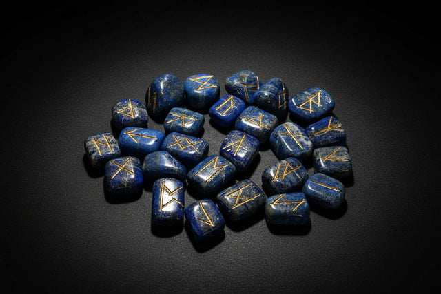 Lapis Lazuli rune set with 25 engraved stones, matching board, pouch, and booklet
