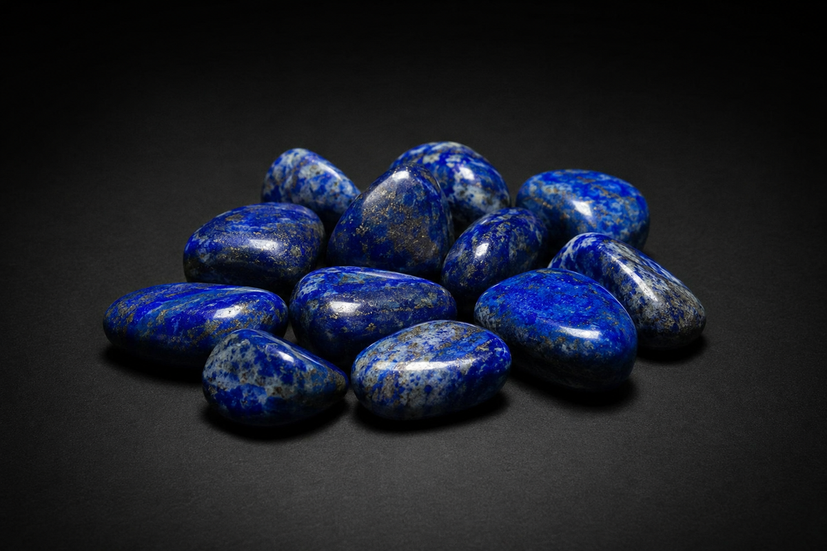Polished blue Lapis Lazuli trade stones with white calcite and brassy pyrite flecks on black