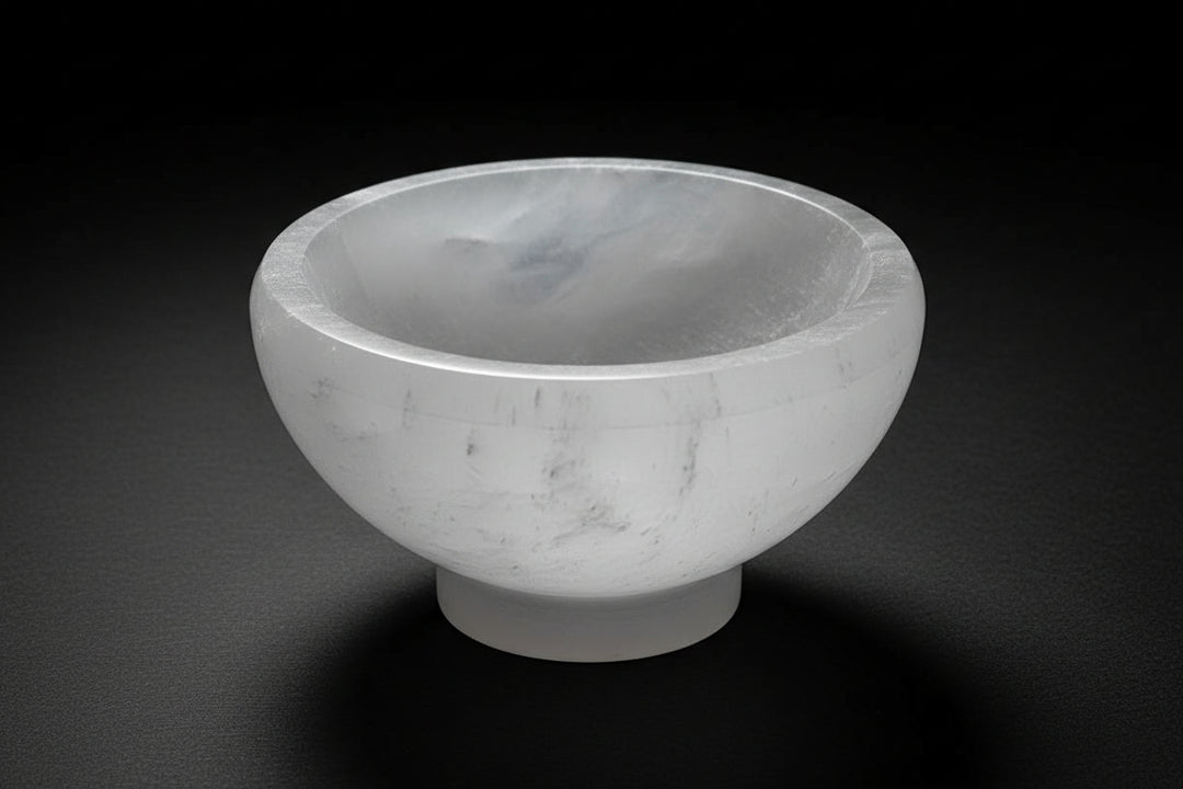 Large white satin spar gypsum offering bowl with coordinating base