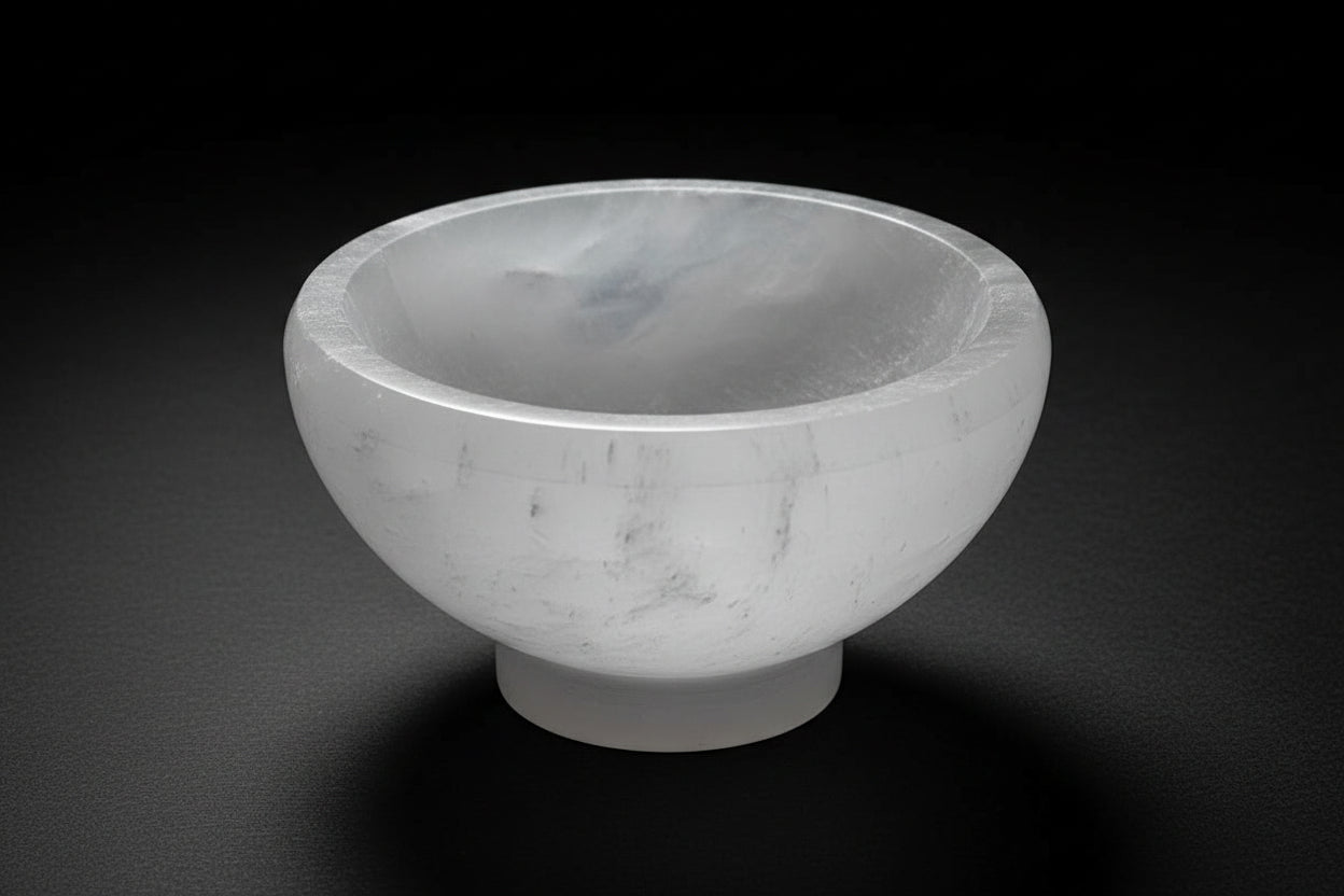 Large white satin spar gypsum offering bowl with coordinating base