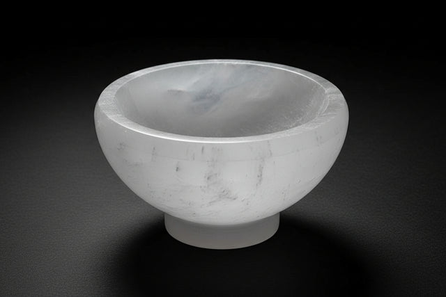 Large white satin spar gypsum offering bowl with coordinating base