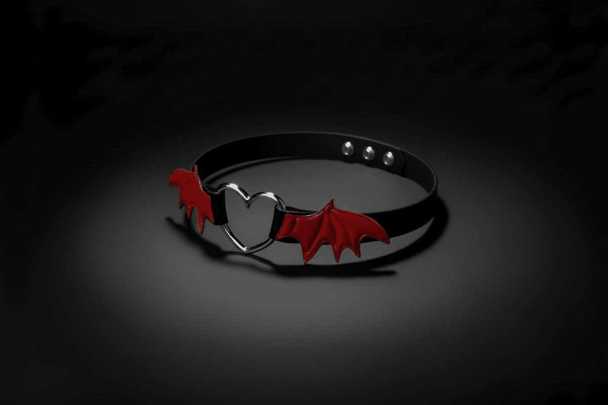 Black leather choker with red bat wing accents