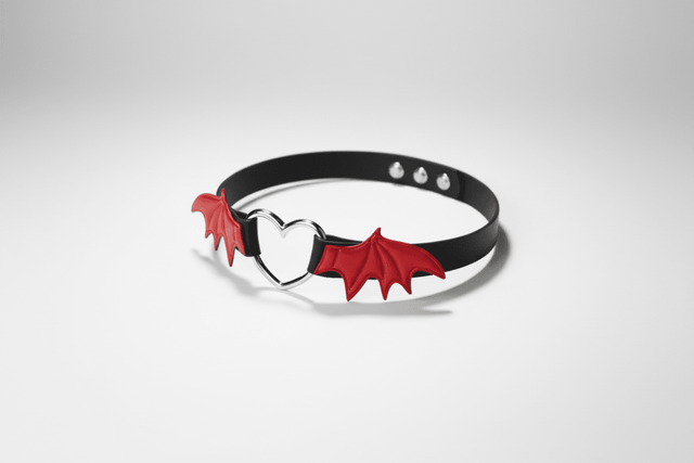 Leather Choker with Red Bat Wings – Infernal Flight Collar